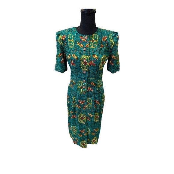 Vintage Green and Gold Abstract Dress Size 5/6 - Picture 1 of 14